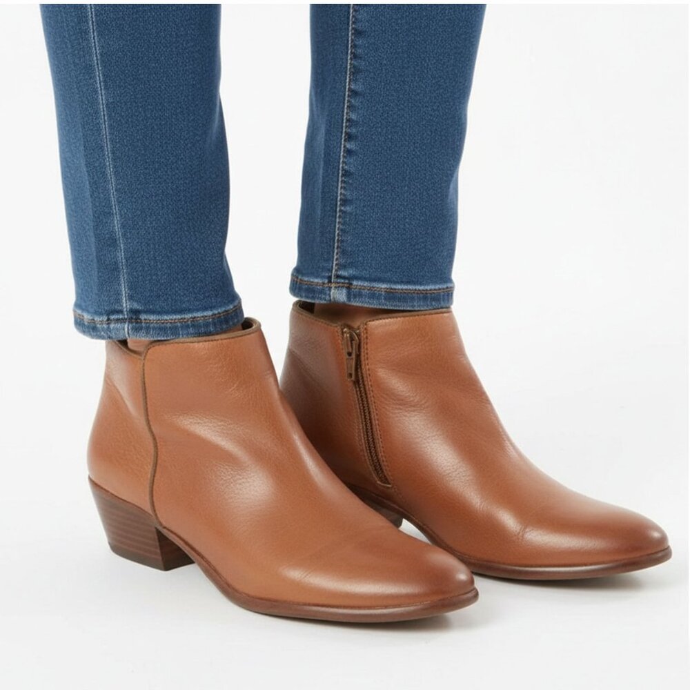 Sam Edelman Betty Brown Ankle Booties Western Boots Tan Side Zipper Stacked Heel